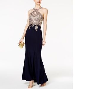 XSCAPE Embroidered Gown - Navy & Gold - Size 4